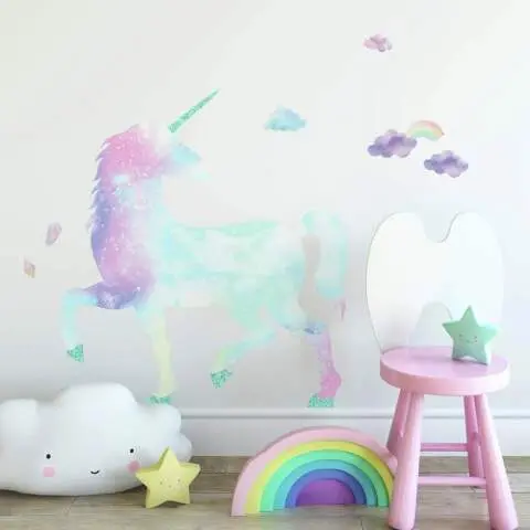 Autocollant Mural Licorne Arc-en-ciel 3D - Décoration Enfant - Oracal Vinyle
