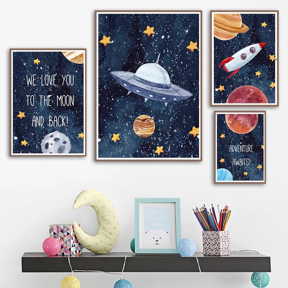 Affiches - Espace, planète et fusée / Lot de 4