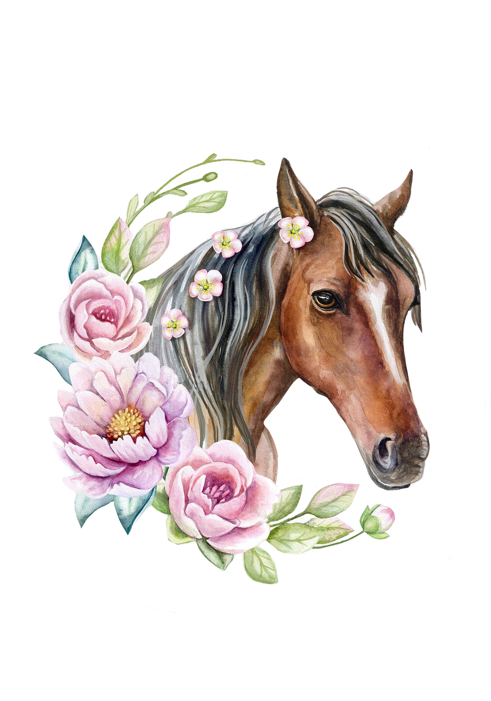 Affiche - Cheval Brun avec des fleurs
