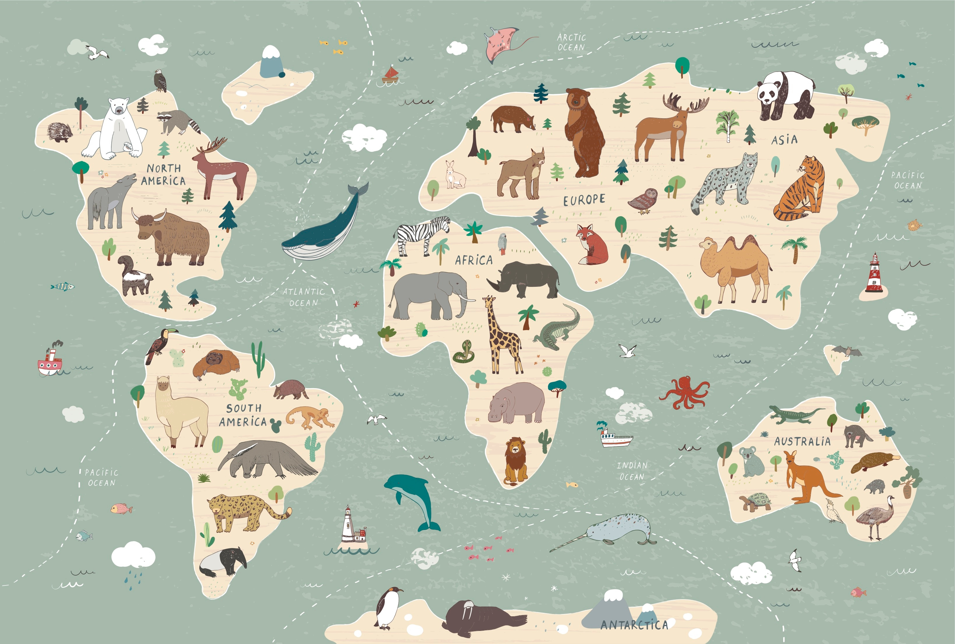 Affiche - Carte du monde / Arbres et animaux aquatiques