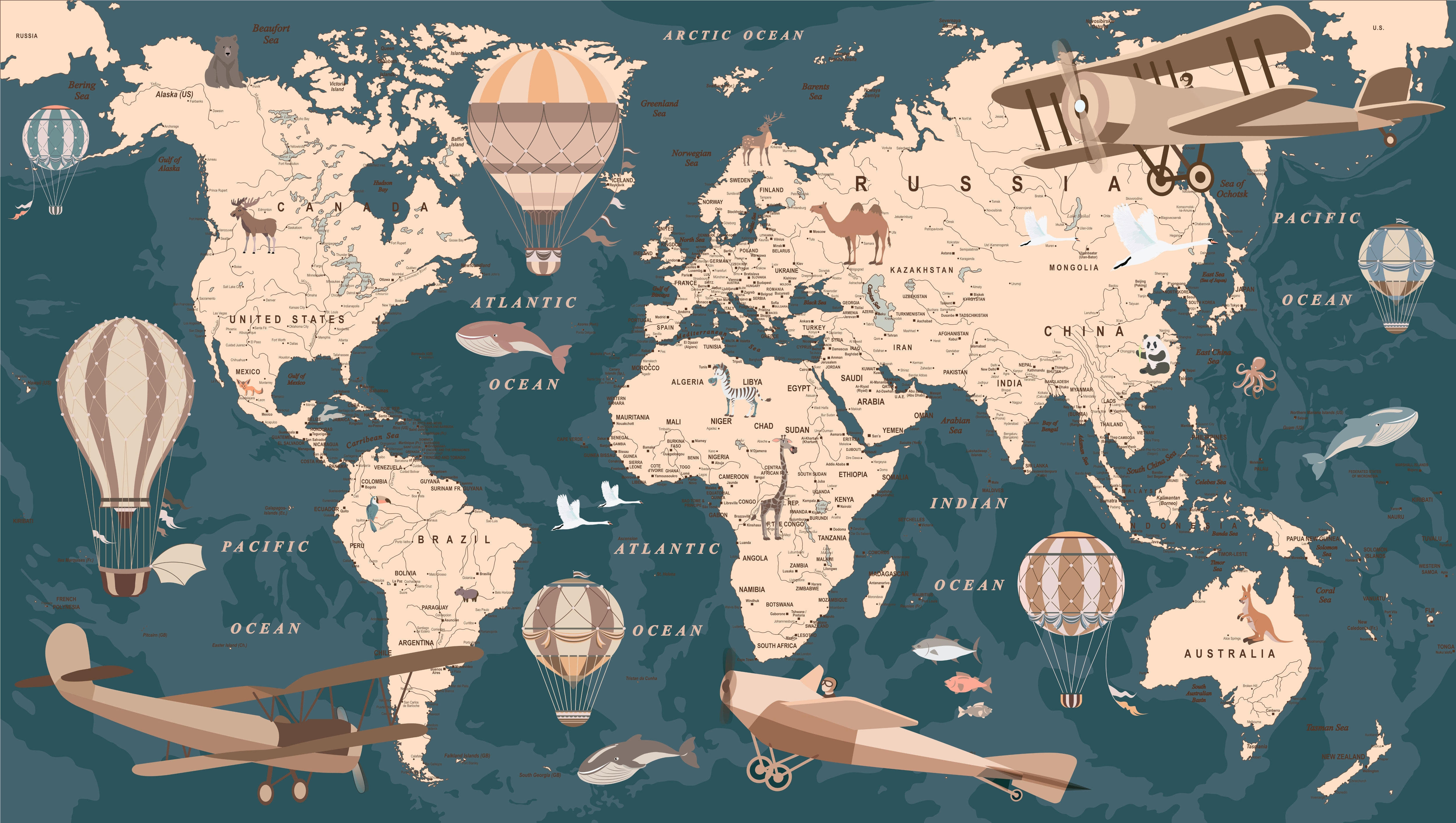 Affiche - Carte du monde / Oiseaux et Biplans