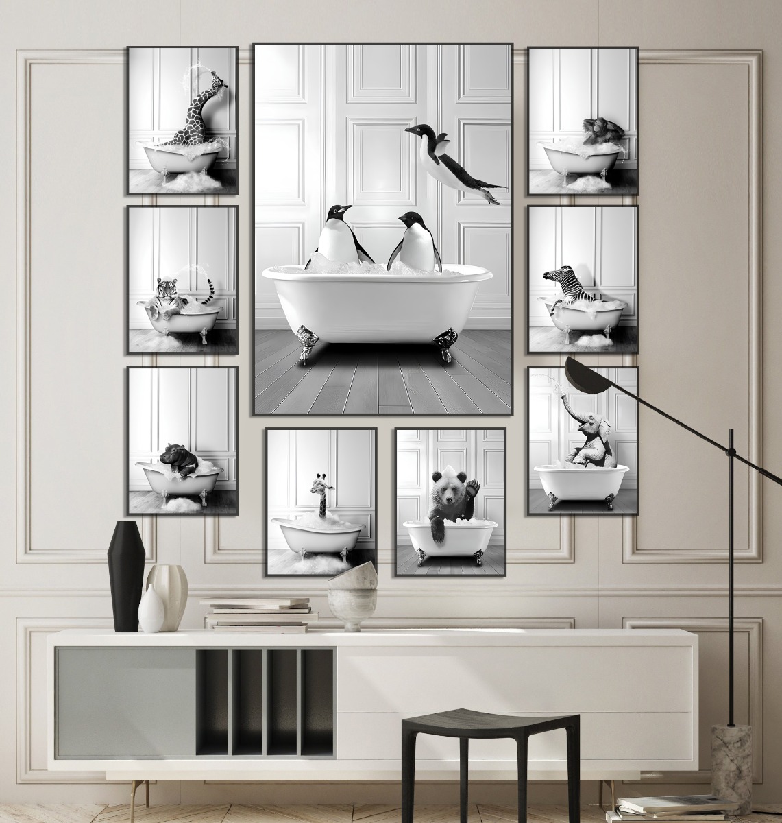 Affiches - Animaux de décoration de salle de bain nordique / Lot de 9