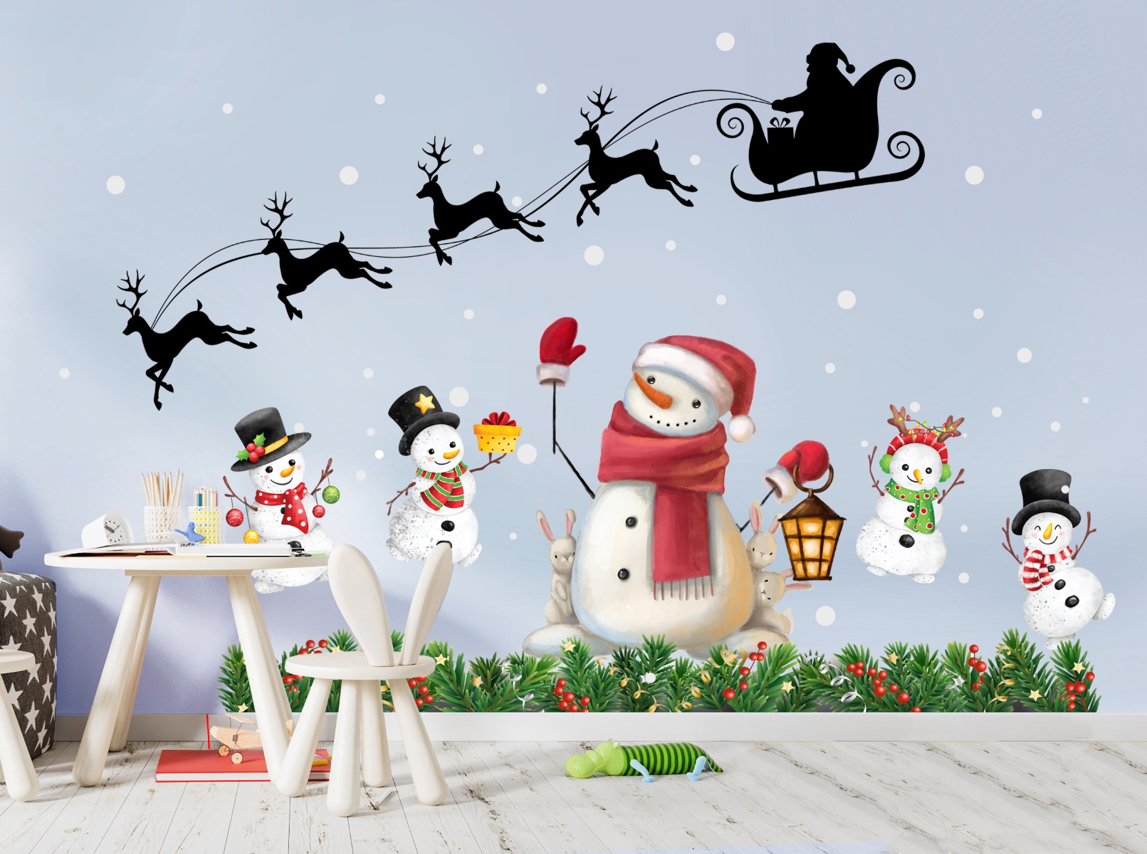 Sticker mural – Noël / Traîneau et bonhomme de neige