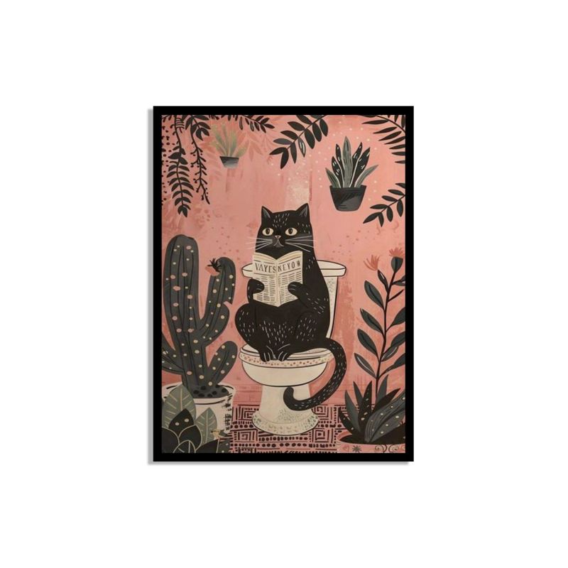 Luslya Décoration Murale Avec Chat Amusant – Chat Mignon Assis Dans Les Toilettes Lisant Un Journal – Poster Encadré Noir Et Blanc Pour Décoration De Salle De Bain – 40,6 X 50,8 Cm