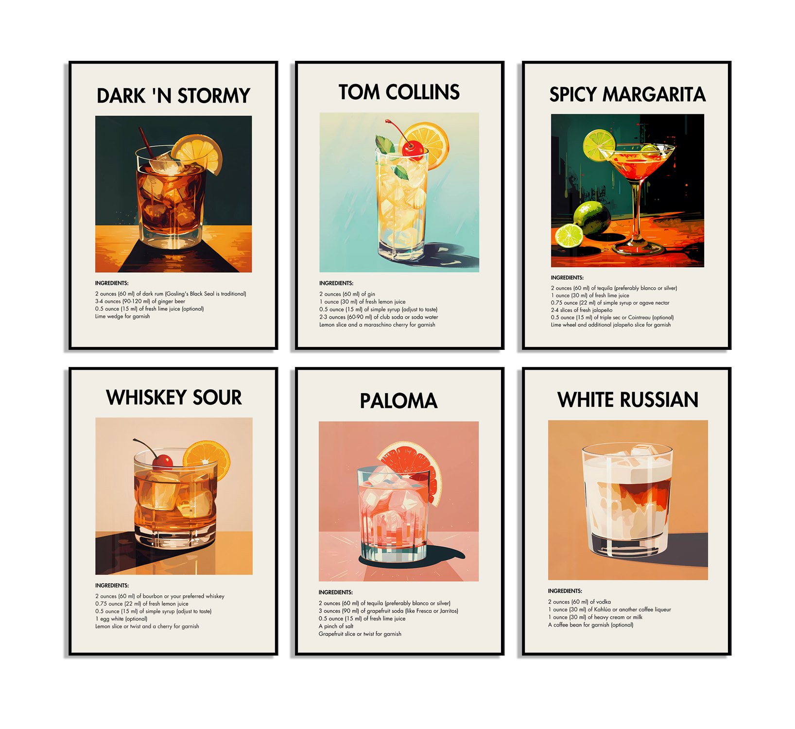 Affiches de recettes de cocktails - Ensemble de 6
