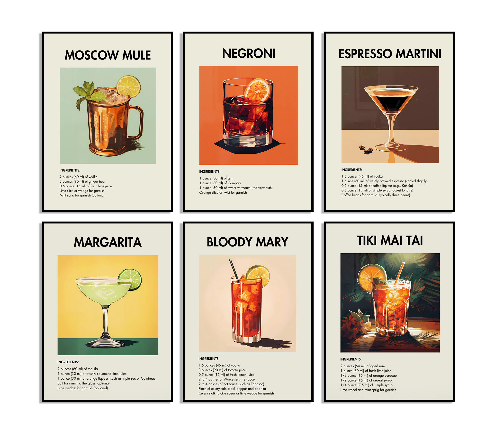 Affiches de recettes de cocktails classiques - set de 6