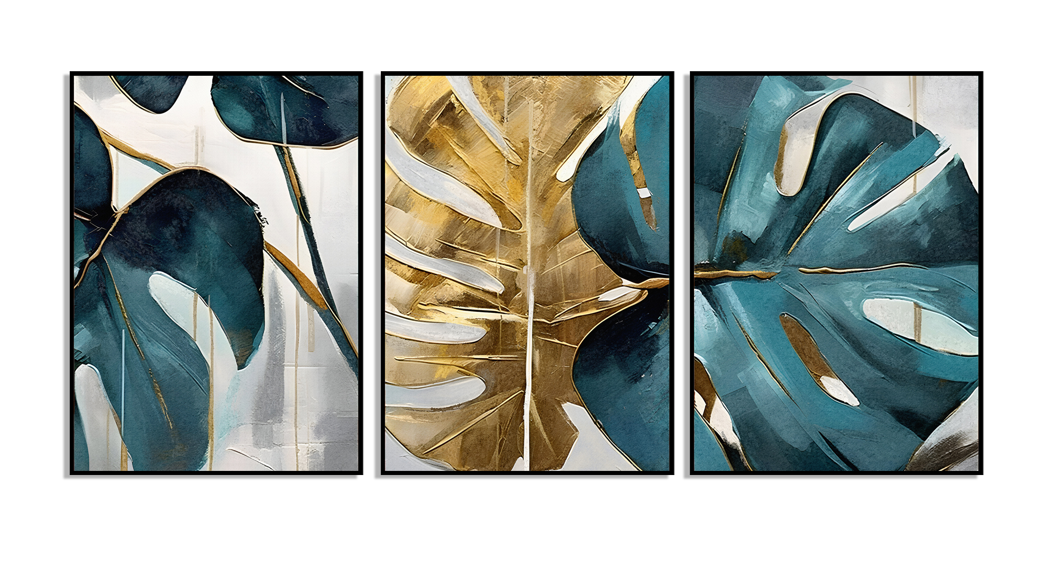 Affiches - Feuille de Monstera dorée et bleu sarcelle /  Ensemble de 3