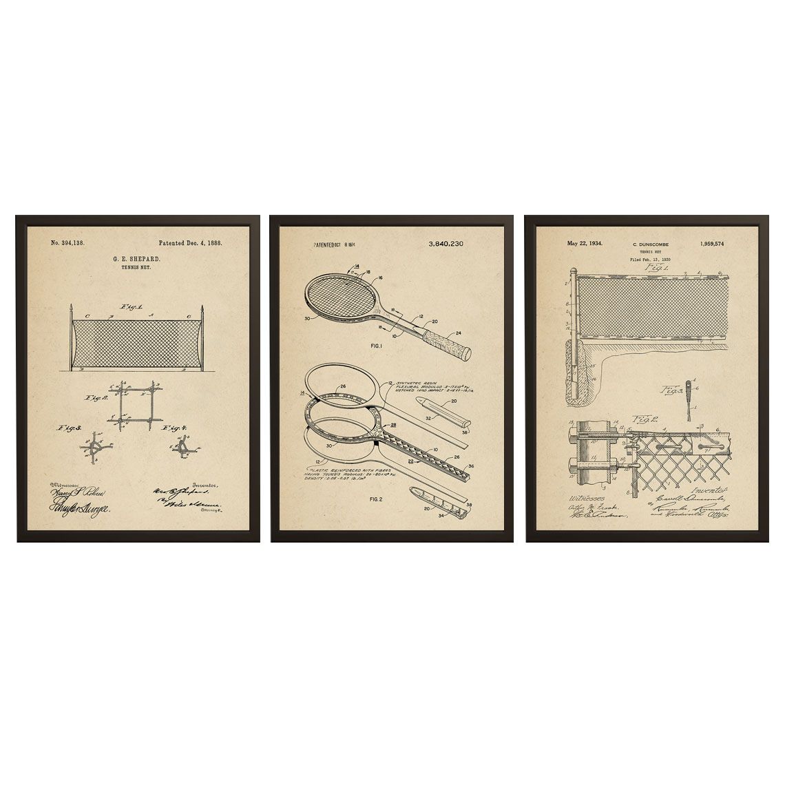 Affiche de Dessin de Brevet - Filet et Raquette de Tennis / Ensemble de 3