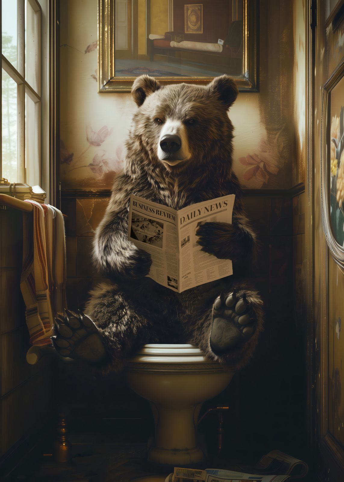 Affiche - Ours Lisant dans la Salle de Bain