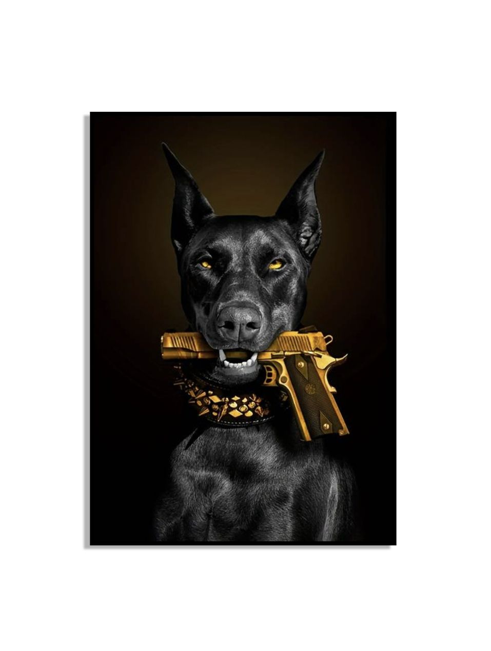 Affiche chien avec pistolet doré