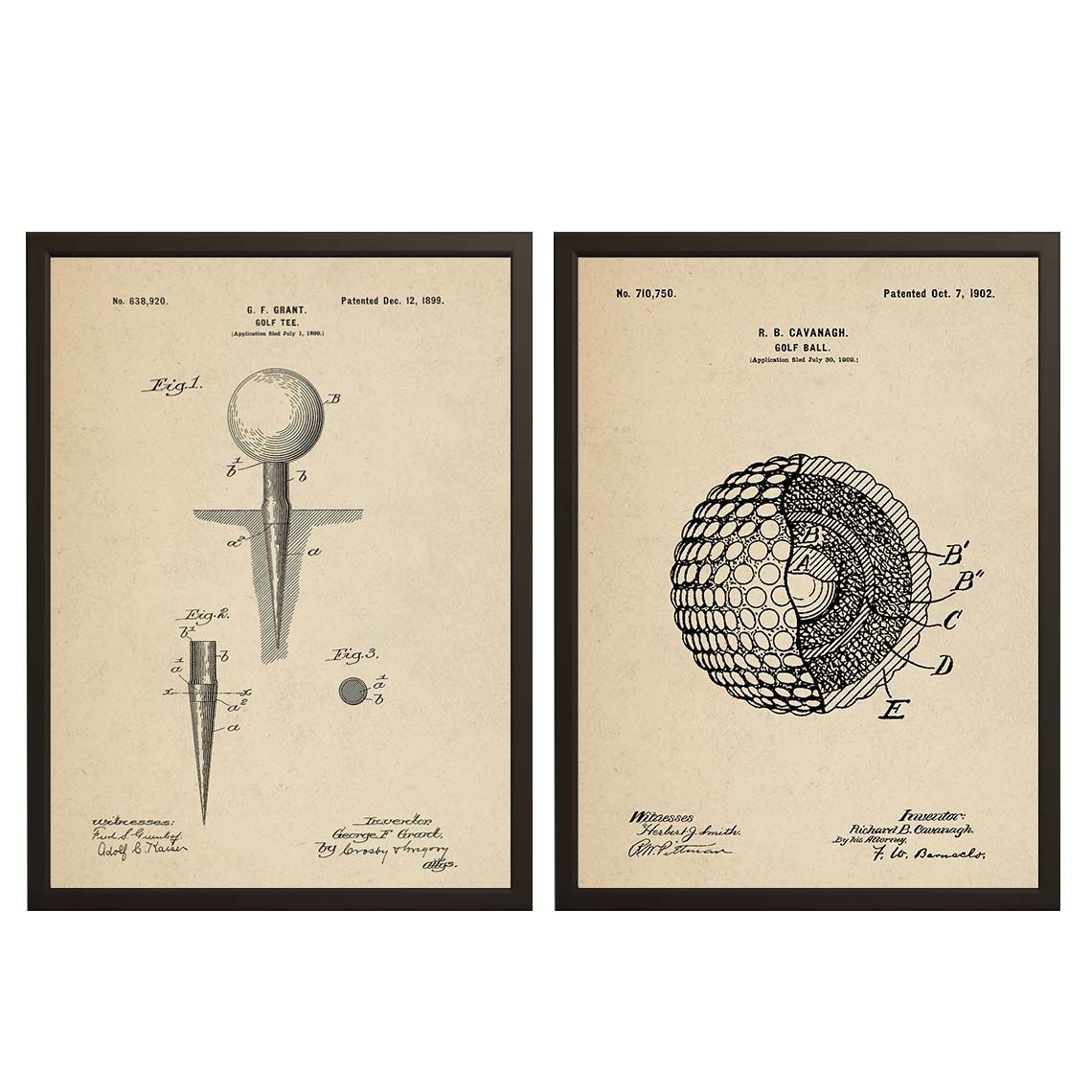 Affiche de dessin de brevet - Balle et Tee de Golf / Ensemble de 2