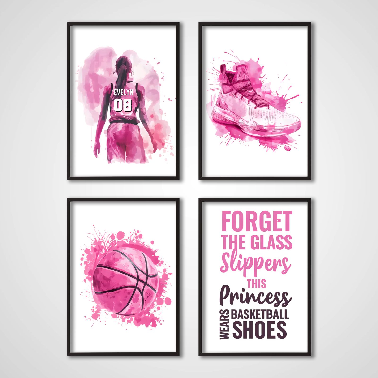 Affiche Personnalisée - Art Mural Fille Basketball Rose - Ensemble de 4