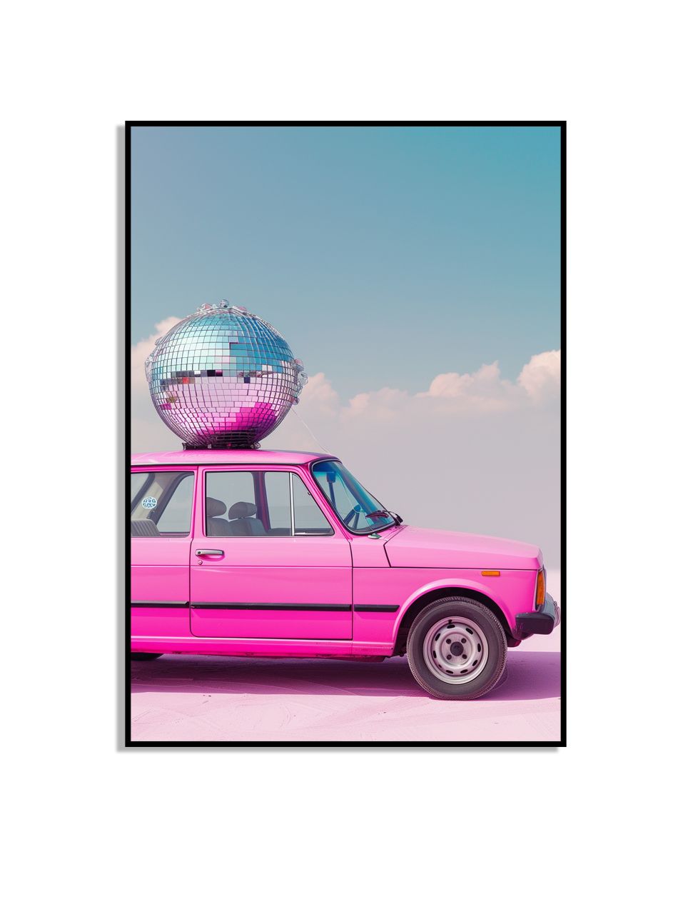 Affiche Voiture Rose Avec Boule Disco