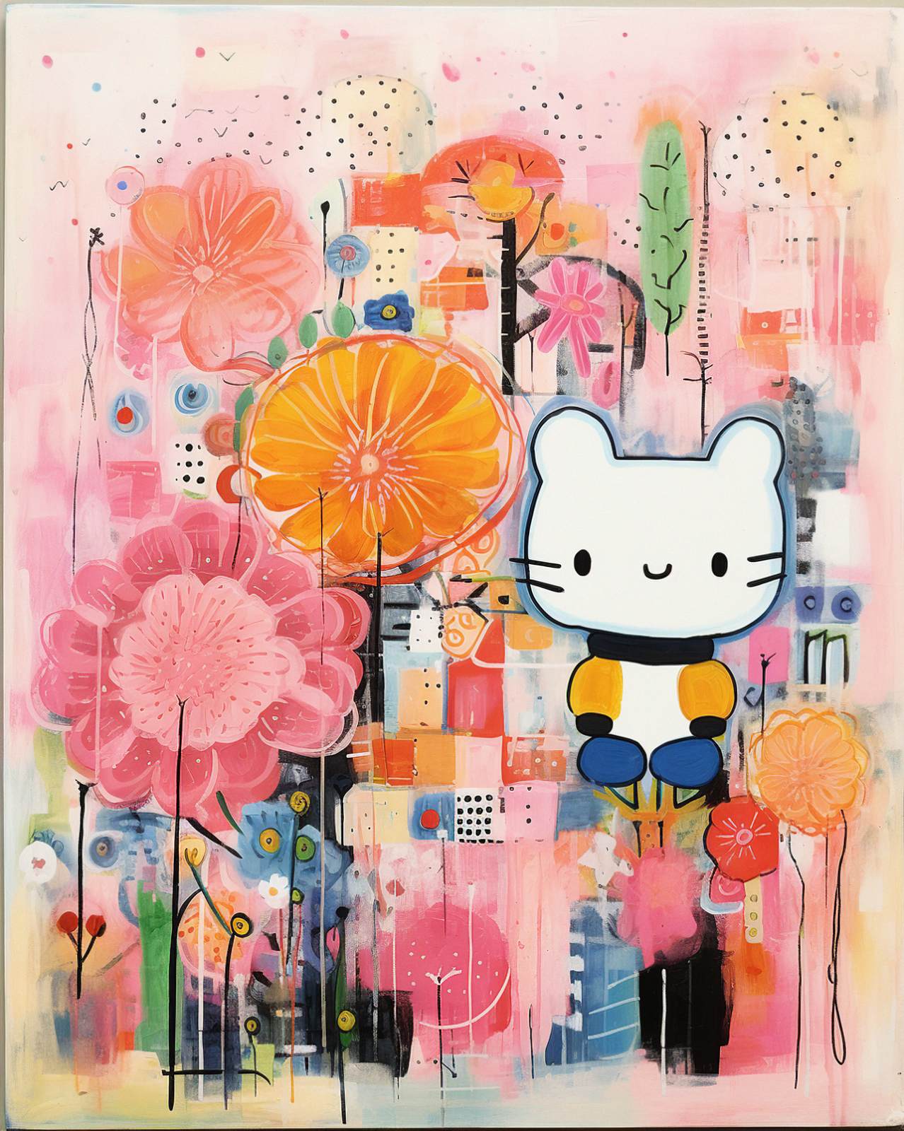 Affiche - Chat Dessin Animé Mignon et Fleurs