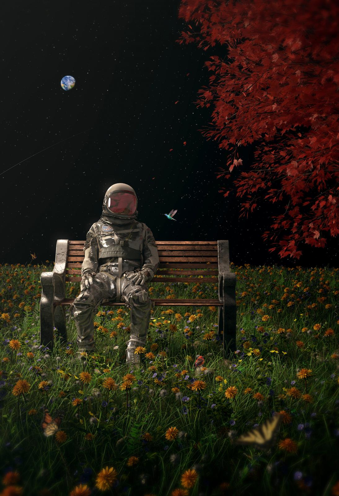 Affiche - Astronaute sur Banc