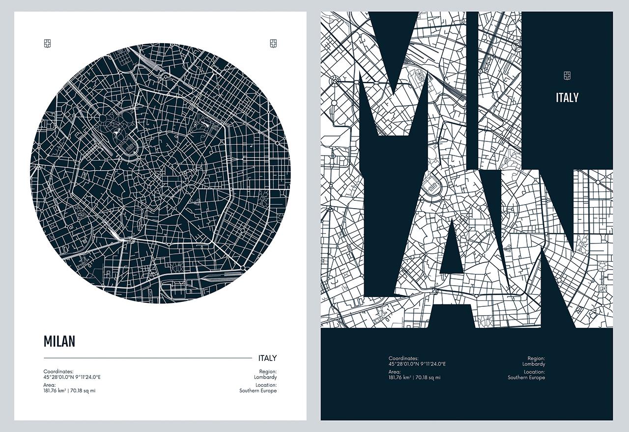 Affiche - Carte de la ville de Milan / Ensemble de 2