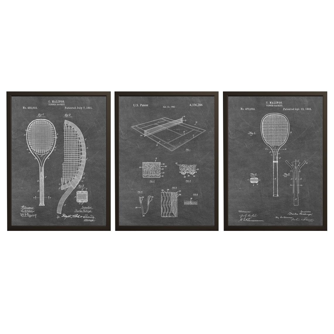 Affiche Dessin de Brevet - Raquette et Court de Tennis / Ensemble de 3