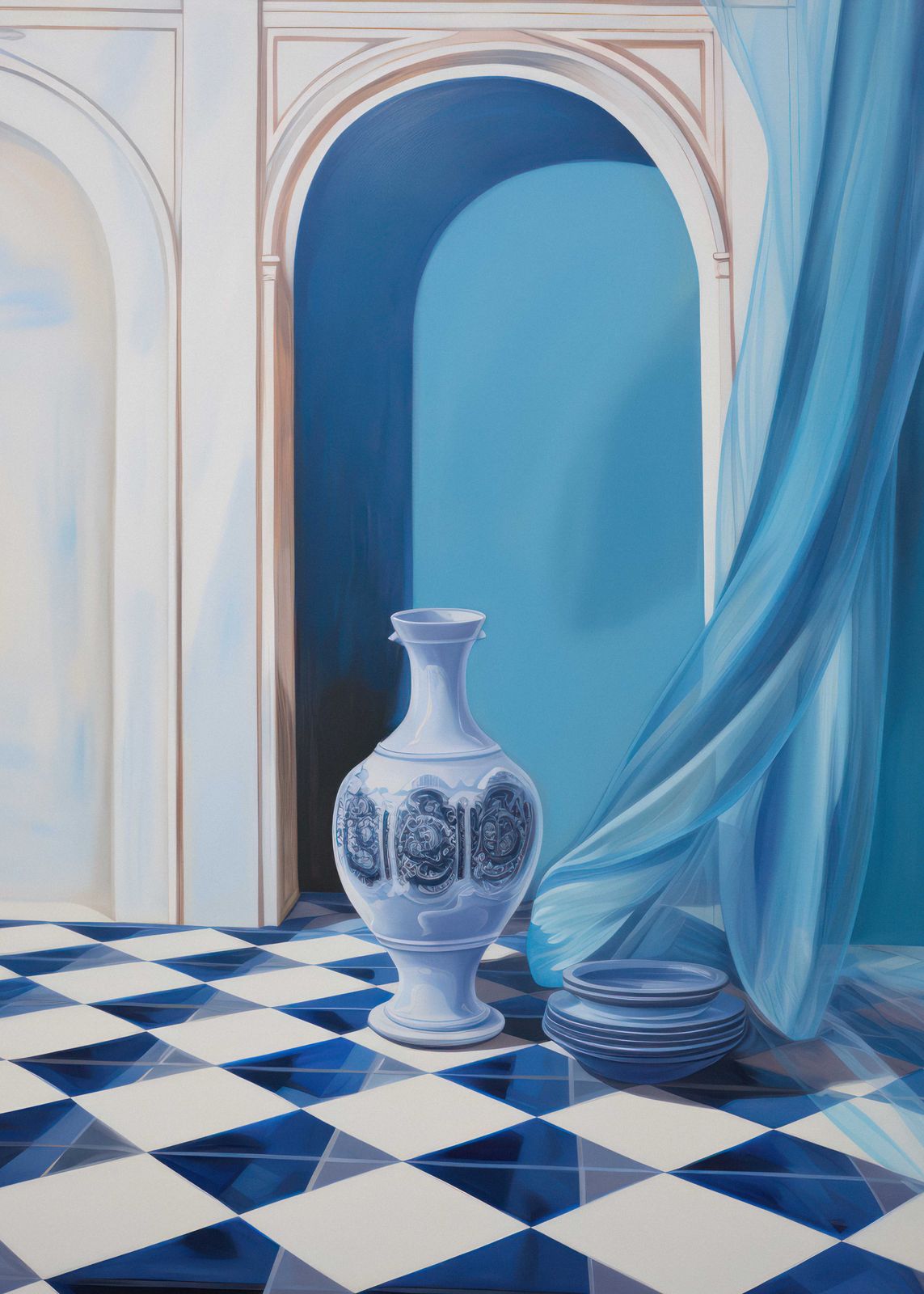 Poster - Vase Bleu et Draperies