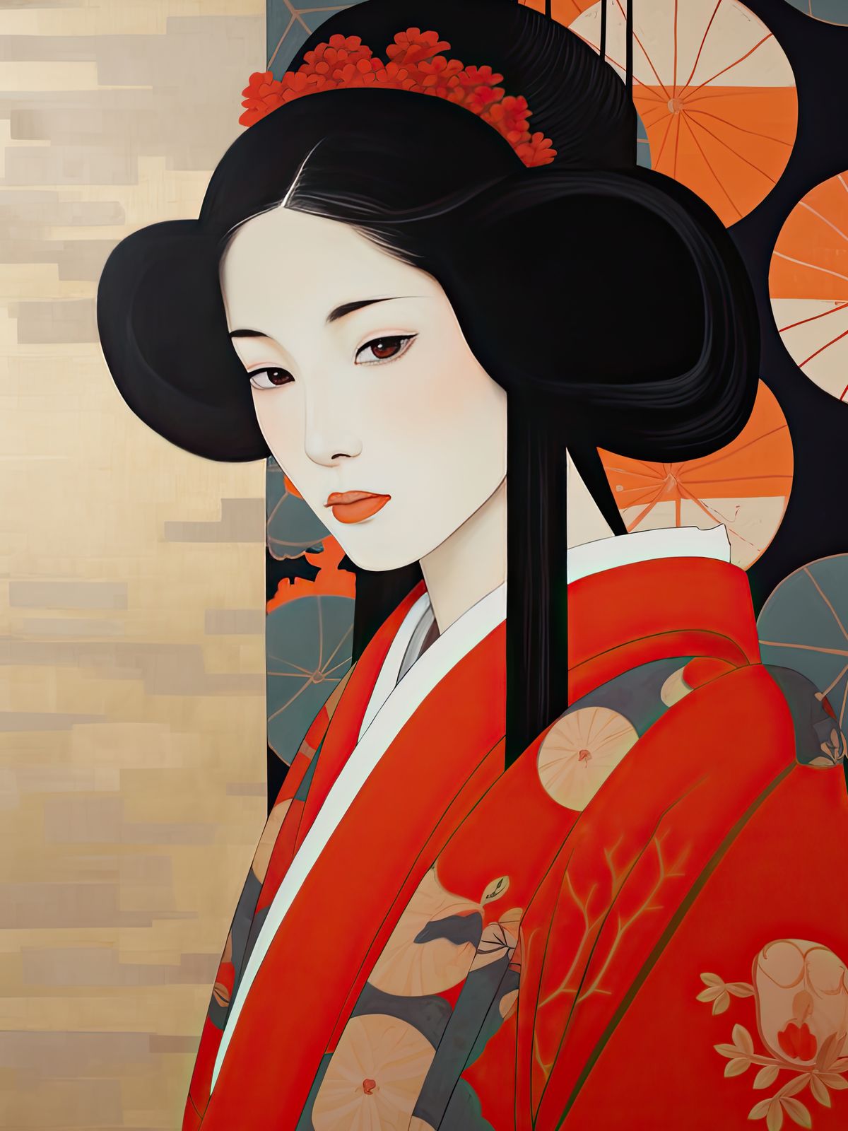 Affiche - Geisha en kimono rouge